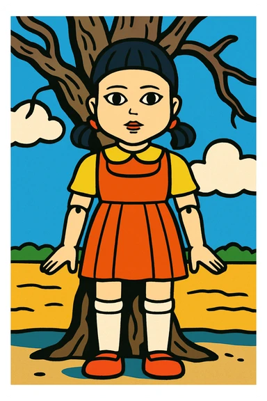 cartoon style illustration of the Squid Game doll from the first game sticker