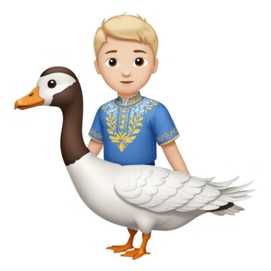 A boy in a Ukrainian white embroidered shirt flies on a white goose sticker
