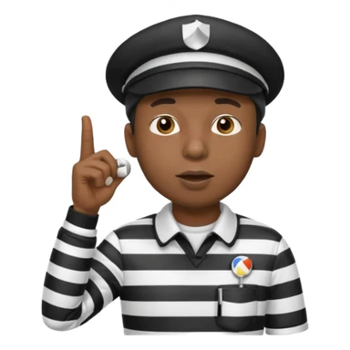 A black calm referee with striped shirt, wearing a cap while blowing a whistle, pointing clearly toward the field. sticker