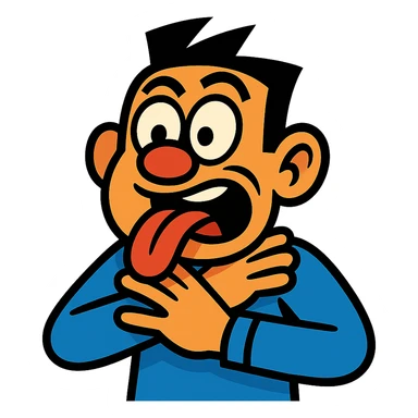 exaggerated slapstick person with crossed eyes, tongue out, hands on neck, comic style, playful and humorous sticker