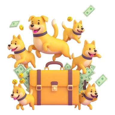 Yellow emoji with karate dogs, a briefcase, money, a phone and a paintbrush flying in its aura sticker