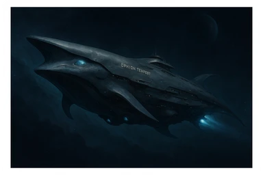 capital class space cruiser supercarrier of Zrian [human] origins, named the "Ophion Tempest"
The ship has a sleek design, mimicking a prehistoric sea-mammal or Cetacea  sticker