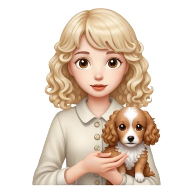 A beautiful girl with long bangs holding a light-colored curly dog sticker
