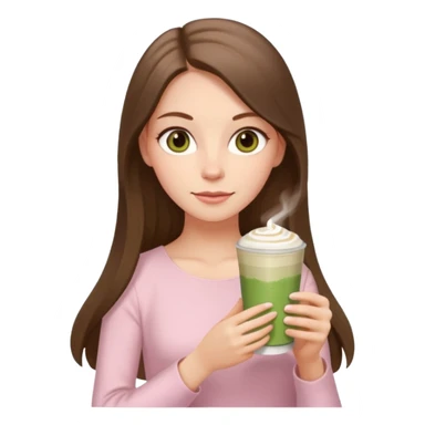white long brunette hair girl with hazel eyes wearing light pink who is holding matcha sticker