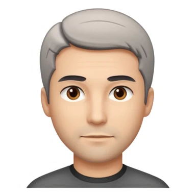 Description: dark gray straight hair combed forward, crop haircut, light stubble, brown eyes.
Image: barber sticker