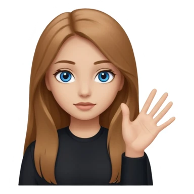 A girl with makeup, long light brown hair, blue eyes, with her palm up. with black clothes sticker