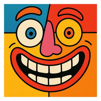 goofy absurd face with mismatched eyes and wide grin, fun and colorful sticker