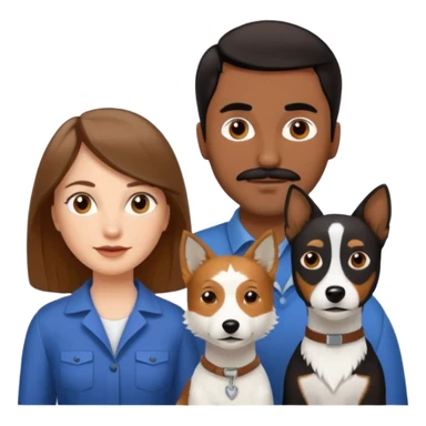 Quiero a una mujer blanca  con el pelo por el hombro lacio castaño  con un hombre de color morochito con el pelo negro y bigote, y un perro blanco Fox terrier  sticker
