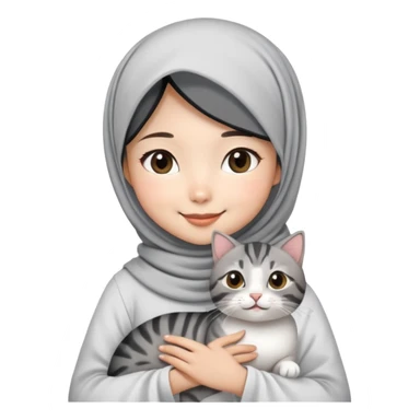 Asian White girl wearing cute hijab and white dress holding a black grey tabby cat while smiling.  sticker