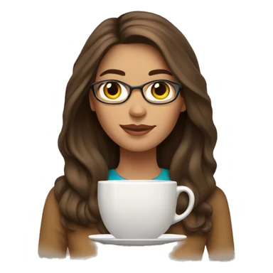 Brunette woman with brown eyes, light skin, straight long hair, an online tutor of English, she has a gold MacBook in front of her, a cup of latte and books  sticker
