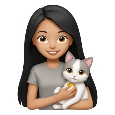 a pretty tan bratz girl with black long straight hair, wearing a grey tshirt smiling and holding a white cat\ sticker