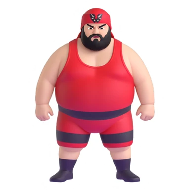 White skin fat guy with prominent black durag, black beard, black eyes in a red and black wrestling singlet with angry face sticker