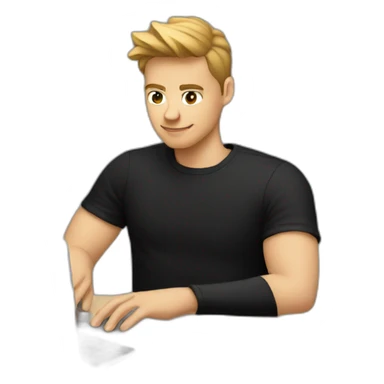 young white cool designer working on laptop no glasses wearing black t shirt sticker