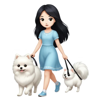 A girl with long black hair walks a white Pomeranian sticker