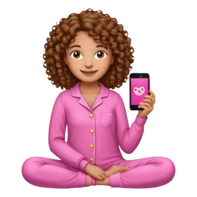 medium skin woman with curly brown hair wearing pink pajamas, iPhone emoji style sticker