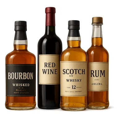 Four bottles of alcohol, each with distinct shapes and labels, arranged neatly in a row. The bottles should vary in color and size, with detailed labels and caps. sticker