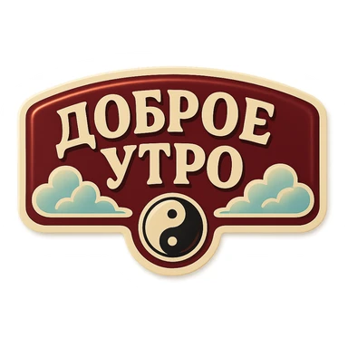 elongated horizontal banner with text 'Доброе утро', retro sticker style, burgundy background, beige letters, minimalist ornament with yin-yang symbol and clouds, soft shadows, transparent background sticker