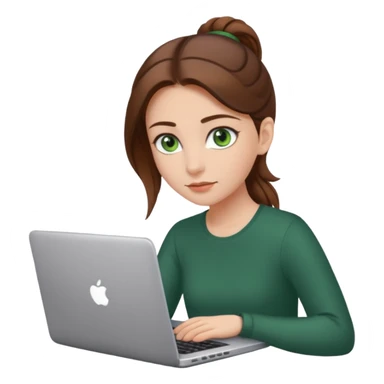 fată cu ochi verzi și păr șaten strâns în partea din spate a capului, lucrând pe un laptop sticker