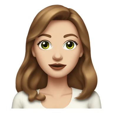 woman, with chestnut brown hair, her hair are a 90s voluminous blowout with curtain bangs, she has very green eyes and a white pale skin, she has pink lipstick on and long lashes, she wears a white to and  gold earrings  sticker