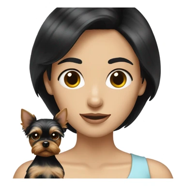 White lady with short black hair holding a Yorkie  sticker