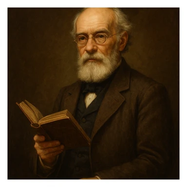 a classic poet, round gold glasses, white beard, holding a book, exuding intelligence and wisdom sticker