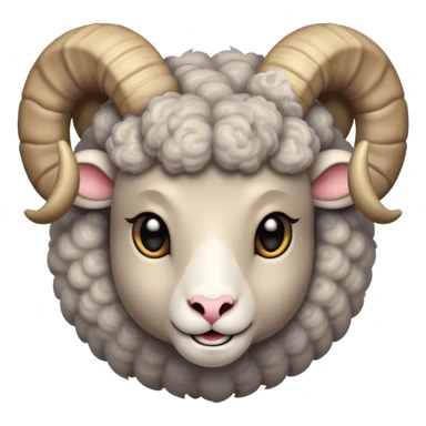 Cinematic Cute Ram Portrait Emoji, Head tilted playfully and inquisitively, featuring a dense, woolly grey fur with charming curled horns, round, sparkling dark eyes filled with curiosity, Simplified yet irresistibly adorable features, highly detailed, glowing with a warm, friendly glow, high shine, affectionate and spirited, stylized with a touch of rugged whimsy, bright and endearing, soft glowing outline, capturing the essence of a mischievous yet loving ram, so playful it feels like it could butt its way out of the screen and into your arms! sticker