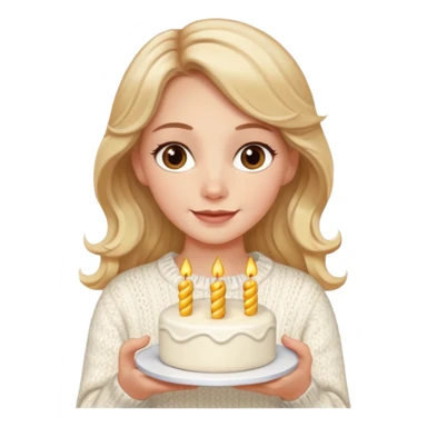 A pretty white girl with hazel brown eyes and long  down and blonde wavy hair in a cosy white knit sweater, she is celebrating her birthday and is happy sticker
