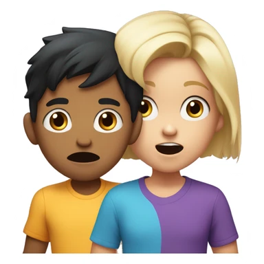 one cartoon characters, a young boy with black hair wearing a blue shirt and a young girl with blonde hair wearing a purple shirt, both covering their mouths with their hands in a surprised expression sticker