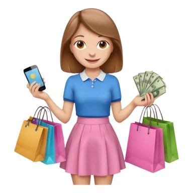 Девушка со светлыми русыми волосами счастливая в розовой юбке с пакетами из магазинов с одеждой в руках и деньгами  sticker