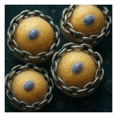 hyper realistic 4K adipocytes with visible nuclei wrapped in chains, microscopic details, scientific atmosphere sticker