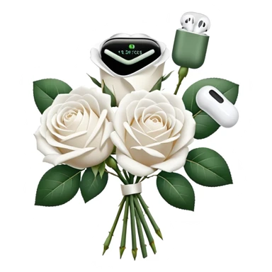 White rpse boquet and an airpods sticker