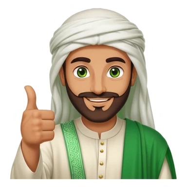 Tanned Arab Saudi man with green eyes and a beard, wearing traditional attire, smiling and giving a big thumbs-up sticker