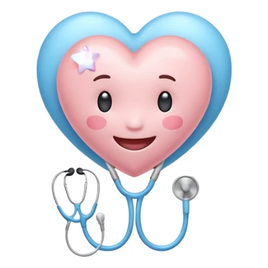 Cute pastel emoji of a smiling heart wearing a stethoscope like a hug, tiny brain inside, little sparkle star, soft glow, rounded edges, cozy and aesthetic. sticker