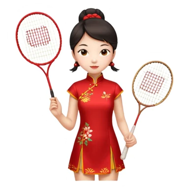 ancient cheongsam girl with 1 badminton racket, red sticker