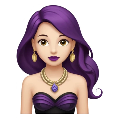 This person headshot view, wearing a strapless black dress, having long brown hair, dark pinkish purple lips, and wearing a small nautilis gold shell necklace around her neck sticker