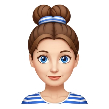 Pretty 50-year-old woman with blue and white striped miniskirt brown hair in bun blue eyes sticker