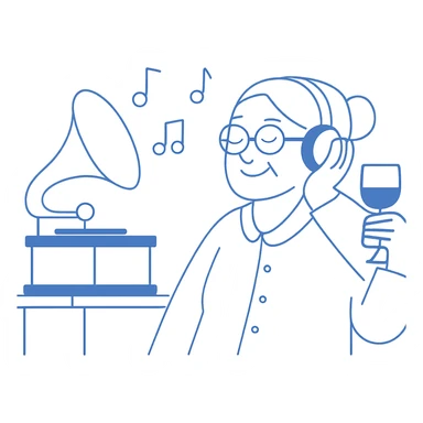 old lady with wineglass listening to gramophone sticker
