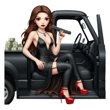 Lilith symbol red eye seductress evil long brown haired sexy succubus woman with leather long dress with slit on, sitting in Big Large F350 pickup truck. Platform long high heels on feet. Back seat full of stacks of cash, she is  Holding a human skull of her enemies in car and a gun in other hand sticker
