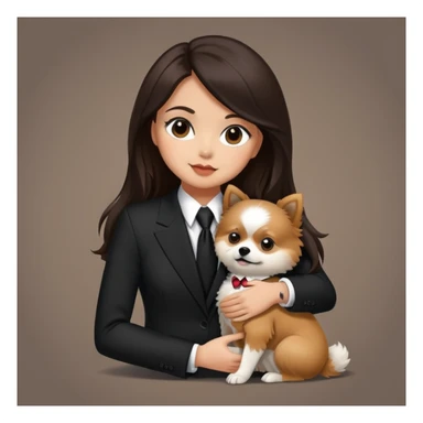Beautiful woman long dark brown hair wearing black suit and tie hug a half Pomeranian and shitzu dog sticker