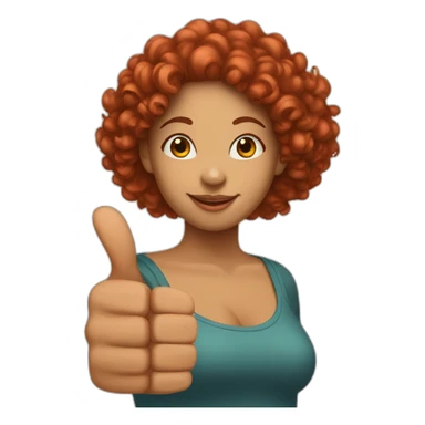 A mulatto woman with red curly hair of Asian appearance shows a big thumbs up sticker