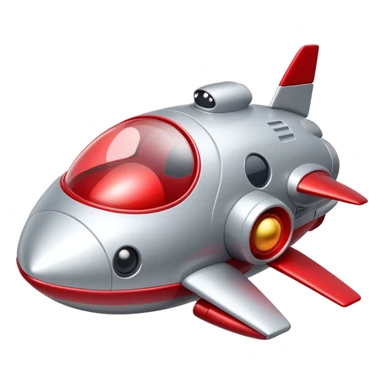 A silver and red toy spaceship with big eyes and a smiling face sticker