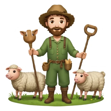 happy shepard with long curly brown beard and long curly brown hair, in green village outfit, with wooden shepard stick in hands, taking care of sheep and pigs sticker