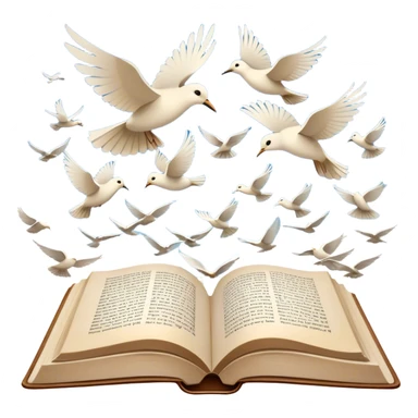 Icon for Poetry Reading: an open book with verses on the pages, from which fly pages transforming into a large flock of small white birds soaring into the blue sky. The icon should evoke the freedom and beauty of poetry. Transparent background. sticker