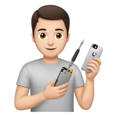 make a white guy with dark brown hair, with a simple white o grey shirt, repairing an iphone happy, tecnician with small real tools for phone sticker