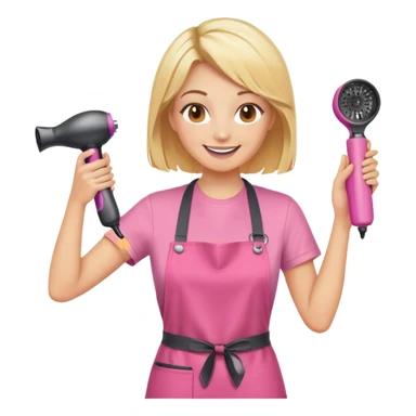 blonde female hairstylist smiling, pink t-shirt, orange apron, hands up, holding scissors and hairdryer sticker