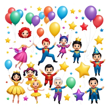 Icon for Animated Movies: A vibrant, colorful collage featuring iconic characters from popular animated films. Include cheerful, playful figures with exaggerated features, bright costumes, and whimsical elements like floating balloons, stars, and sparkles. Transparent background. sticker