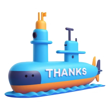 simple 3D submarine illustration with 'Thanks' in large letters, easy to read, fun style sticker