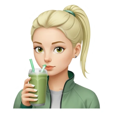 Swedish girl with sage green jacket drinking pre workout shake middle part slick back bun sticker