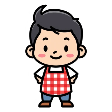 chubby boy with black hair styled upward in front, wearing a red and white checkered plaid apron sticker