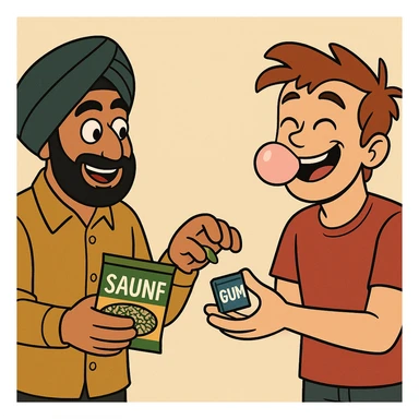 playful cartoon scene with one character named Sardar holding a packet of saunf, another character smiling and chewing gum, both exchanging their snacks, friendly and humorous mood sticker